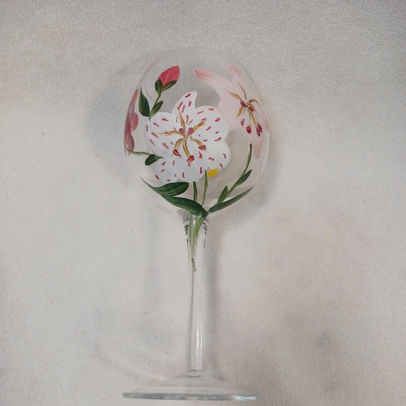 9" Goblet HAND PAINTED WINE GLASS Tropical Asian Lilly Flowers - Picture 10 of 14